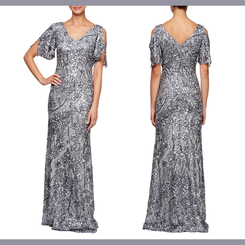 NEW $259‎ Alex Evenings [ 10 ] Sequin Lace Cold Shoulder Trumpet Gown Silver